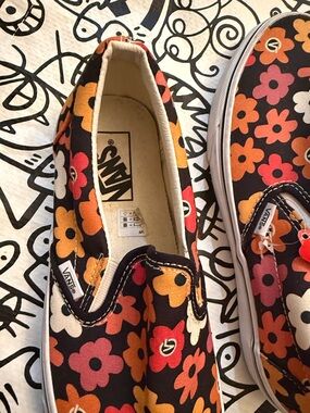Vans Black Floral Slip-On with Orange, Pink & Cream Flowers